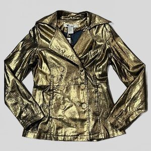 NWT Wet Seal Statement Gold Metallic Trench Style Jacket Blazer Double Breast XS
